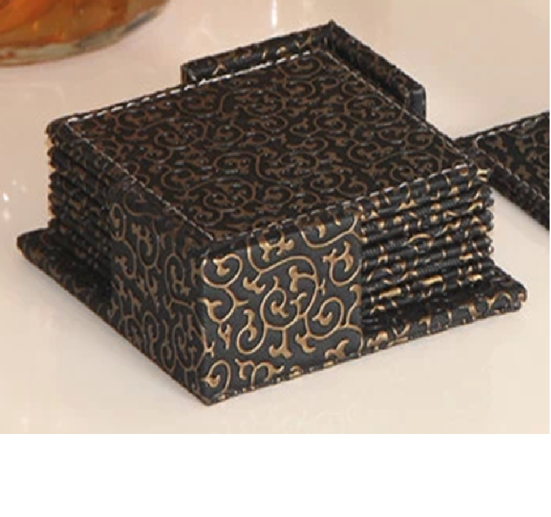 Black Leather 6 Pc  Square Coasters WAUCUST1459